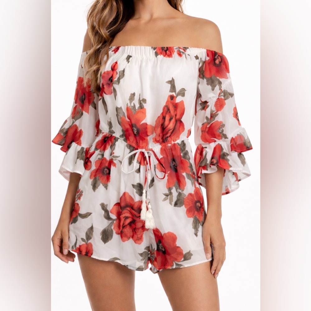 A Hint of Blush Floral Off-Shoulder Romper Size Large Boho Red Poppy Print